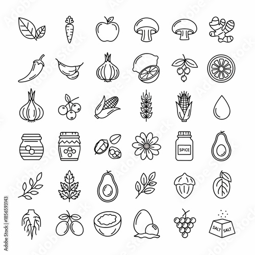 A collection of fresh food icons including fruits, vegetables, spices, and grains on a white background