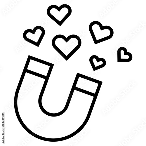 Magnet icon attracting heart symbols, representing customer attraction, engagement, love, loyalty, and marketing strategy. Simple black outline design.