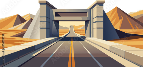 Scenic desert highway with mountains under a geometric archway, perfect for travel ads, transportation concepts, and adventurous road trip themes