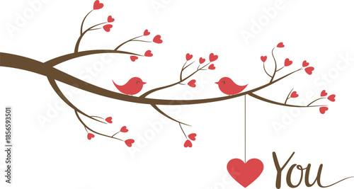 Romantic Love Birds Vector Illustration Featuring Red Heart Leaves a Hanging Heart and Sweet Typography