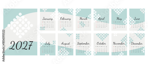 Annual calendar for 2027. Monthly calendar pages template. Set of pages for 12 months with abstract design. Starts on Sunday. Vector graphics