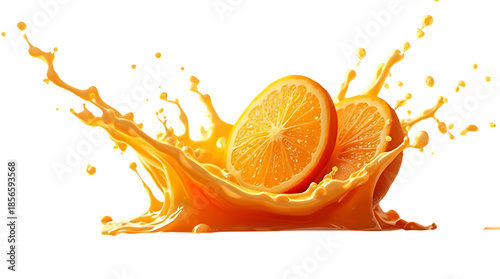 A whole orange bursting mid-air with a vivid splash of orange juice around it, droplets frozen in motion, bright yellow-orange background, high-energy vibe.