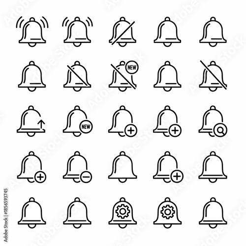 Collection of Bell Icons Featuring Alerts Notifications New Symbols Add Remove Settings And Search Functions