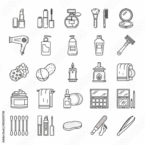 Collection of beauty and personal hygiene icons, including makeup, skincare, hair care, and grooming tools, presented in a clean line art style.