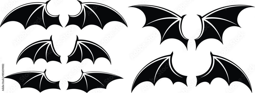 Fototapeta premium Black Bat and Demon Wing Silhouette Vector Illustration Set for Spooky Graphic Design Projects