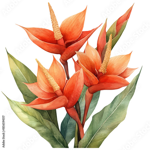 Heliconia Flower, delicate painting watercolor vector with vivid brush accents, isolated on a white background.