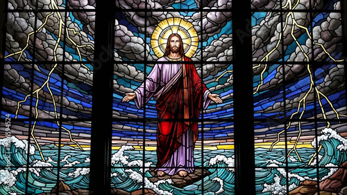 Jesus Christ standing on water with outstretched arms in stained glass window