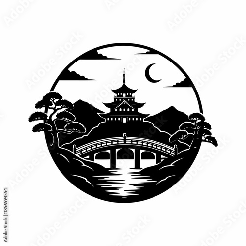 Pagoda Bridge Landscape Illustration Design.
