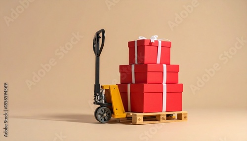 Small yellow forklift carrying a tall stack of red gift boxes with white ribbons, arranged like a pyramid