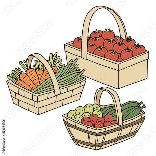 Baskets of vegetables and fruits on white background