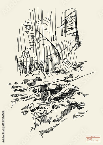 Big stones in mountain forest. Simple linear sketch drawn from nature