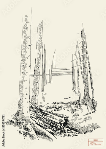 Pine in forest on mountainside. Simple linear sketch drawn from nature