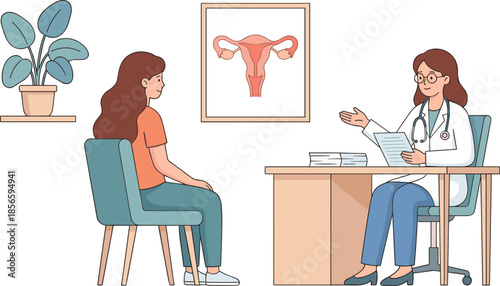 Gynecological consultation scene, female health checkup, uterus anatomy discussion, medical advice, flat vector illustration, editable, professional healthcare design