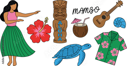 Hawaiian tropical icons, island culture, hula dance, coconut drink, flat vector illustration, beach vibes, aloha spirit, vacation theme