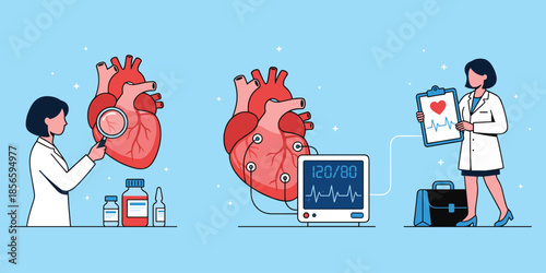 Heart health diagnostics, medical examination, blood pressure monitor, ECG reading, healthcare concept, flat vector illustration, editable, anatomy design