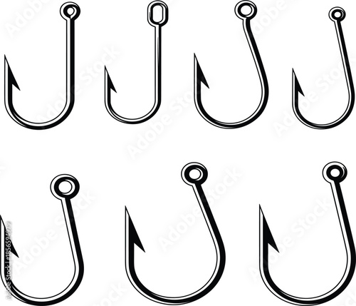 Black and White Fishing Hook Vector Illustration Set for Angling and Outdoor Sports Designs