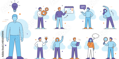 Human activity icons, creative thinking, planning, communication, wellness, technology, research, flat vector illustration, modern design, symbolic characters