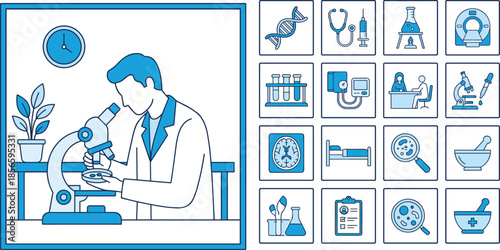 Medical research scene, healthcare icons grid, scientist with microscope, lab tools, diagnostics, flat vector illustration, editable, science concept