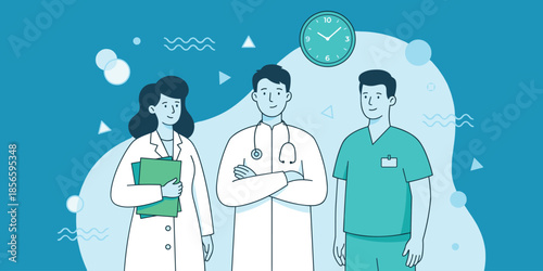 Medical team collaboration, healthcare professionals, hospital staff unity, clinical teamwork, modern medical workforce, doctor and nurse group - flat vector illustration