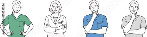 Medical professional portraits, healthcare workers, doctor illustration, flat vector design, clinical roles, thoughtful pose, confident stance, scrubs and lab coat