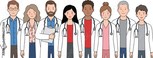 Medical team, healthcare workers, diverse doctors, hospital staff, stethoscope, white coat, collaboration, cartoon style, flat vector illustration