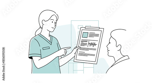 Doctor explaining results to patient using clipboard in medical consultation illustration