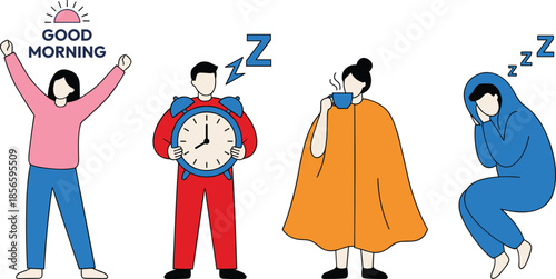 Sleep and wake routine, morning energy, bedtime habits, flat vector illustration, wellness concept, daily rhythm, cartoon characters, cozy design