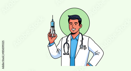 Friendly doctor holding syringe ready for vaccination or medical procedure in healthcare setting