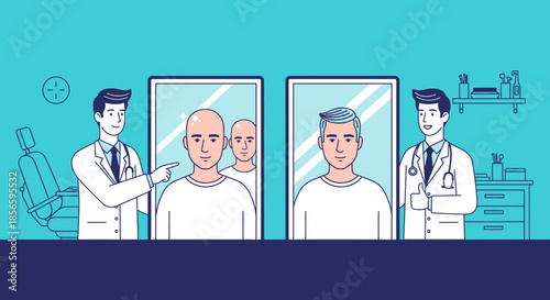 Hair loss treatment concept illustrating before and after results with medical consultation doctor