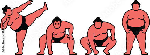 Sumo wrestler poses, traditional Japanese sport, martial arts illustration, flat vector design, stylized movement, cultural expression, strength and ritual