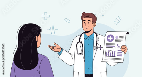 Friendly male doctor explaining health data to a female patient in a medical office with charts