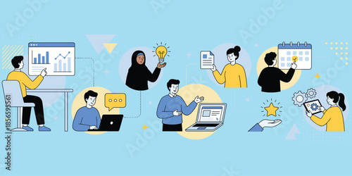 Teamwork and productivity, business collaboration, innovation, planning, flat vector illustration, digital workflow, creative ideas, online meeting, professional interaction