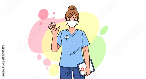 Healthcare professional waving with a medical face mask providing essential care and safety