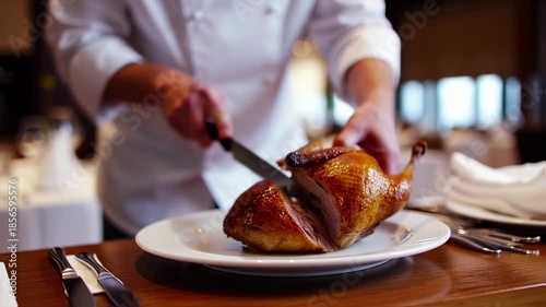 A chef in a white uniform slices a roasted chicken on a plate