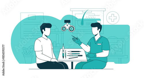 Illustrated medical consultation regarding hair follicle examination with a doctor and patient