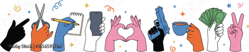 Diverse hand gestures, creative actions, symbolic expressions, cultural icons, modern lifestyle, emotional communication, human interaction - flat vector illustration