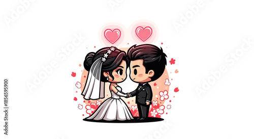 Loving wedding couple embracing with hearts and flowers around them