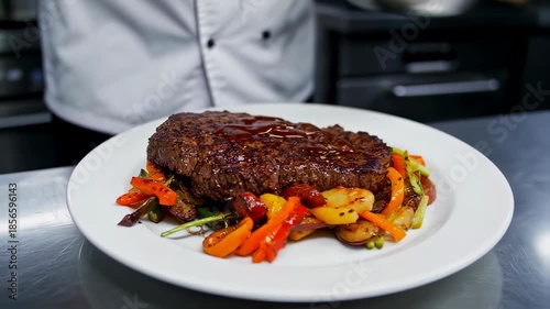 A chef pours a dark brown sauce over a cooked steak, served with assorted colorful roasted vegetables on a white plate