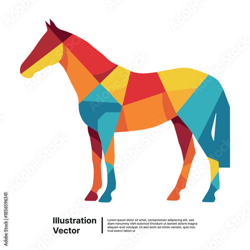 Vibrant geometric horse illustration standing in side profile on an isolated black background, modern vector art design.