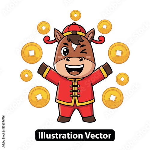 Cheerful horse character in traditional costume, surrounded by auspicious golden coins, symbolizing prosperity and good fortune.