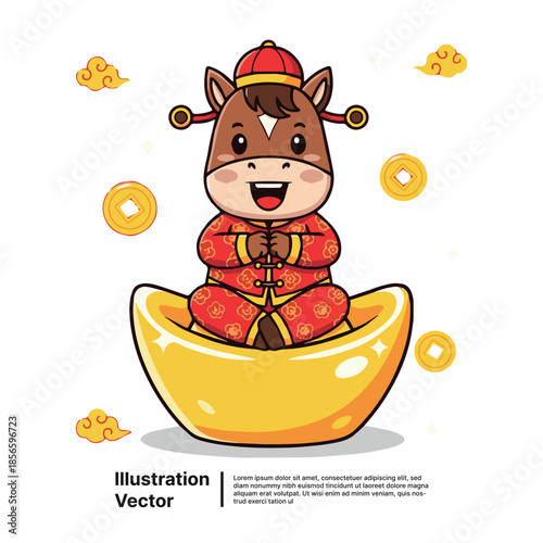 Festive cartoon horse character in traditional attire celebrating Lunar New Year, bringing prosperity with golden ingots and coins