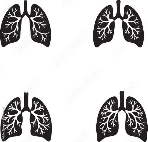 Four black and white lung with branching airways lungs