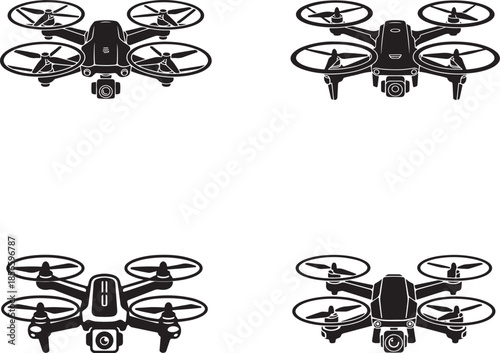 Four Black Drones with Cameras in Different Angles