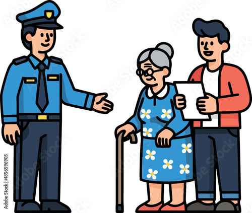 Police Officer Assisting Elderly Woman.