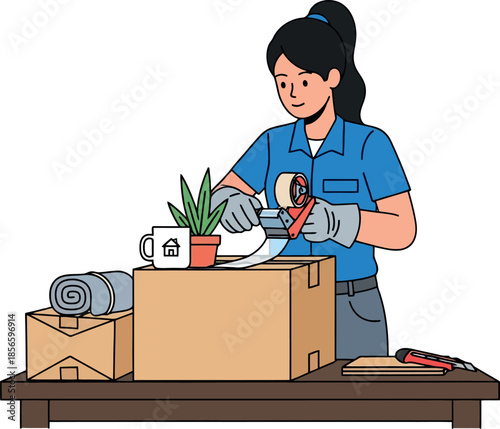 Woman Unpacking Moving Box.