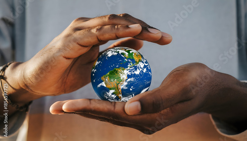 Hands Gently Cupping the Earth Globe Representing Global Care and Environmental Conservation with Natural Lighting Outdoors