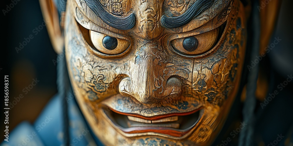 Fototapeta premium Traditional japanese wooden mask expressing anger and power
