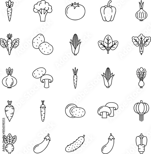Collection of fresh vegetables icons, including carrots, broccoli, tomatoes, bell peppers, onions, potatoes, corn, spinach, mushrooms, and eggplant