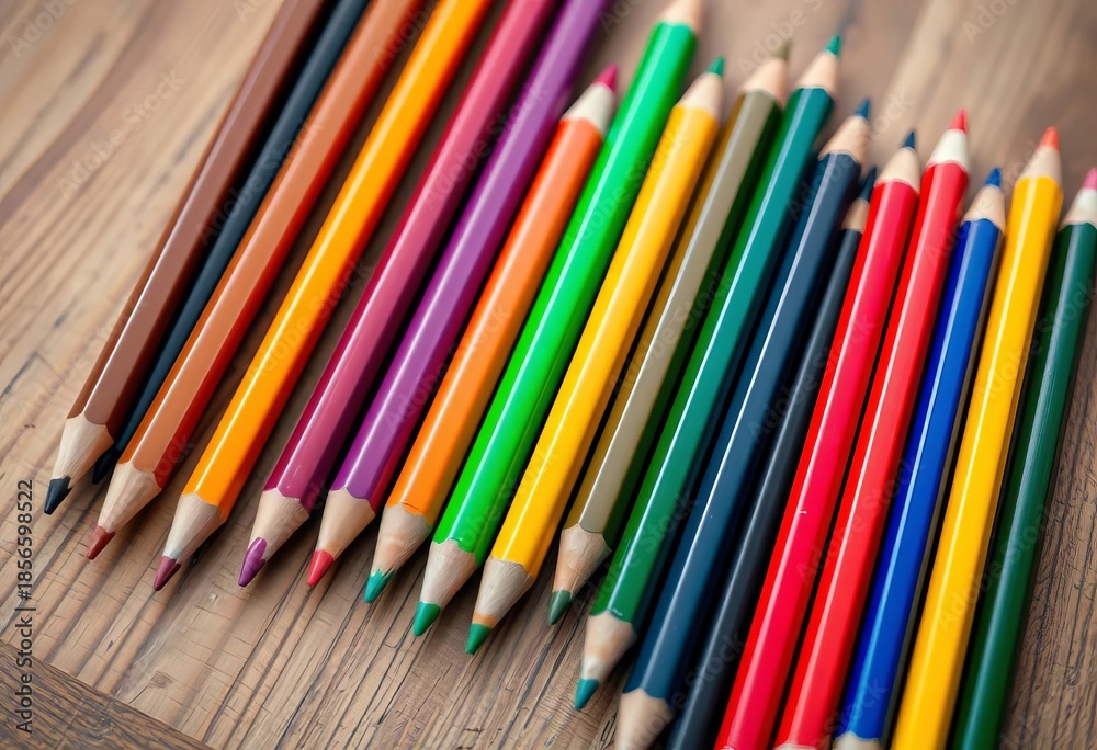 Fototapeta premium Vibrant colored pencils arranged on a wooden table, eraser, school
