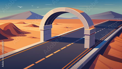 Desert highway road trip adventure under archway bridge, soaring birds and distant mountains for travel blog or inspiring journey concept